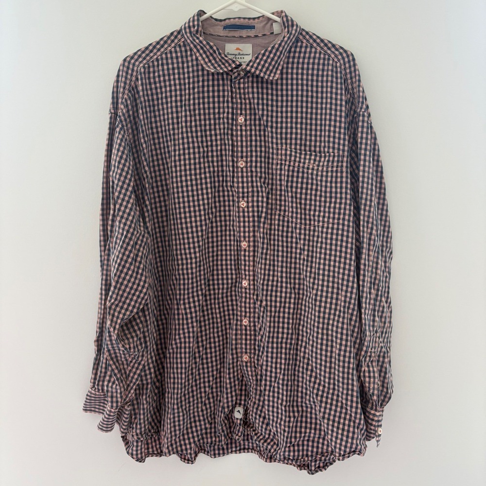 Tommy Bahama‎ Button Down Shirt Gingham Plaid Pink and Blue Long Sleeve Mens 2XB